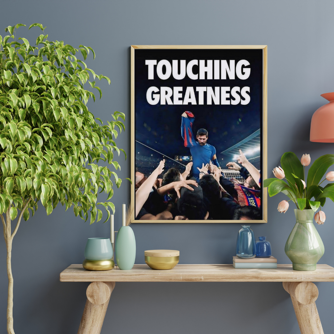"Touching Greatness" – Lionel Messi Iconic Framed Poster