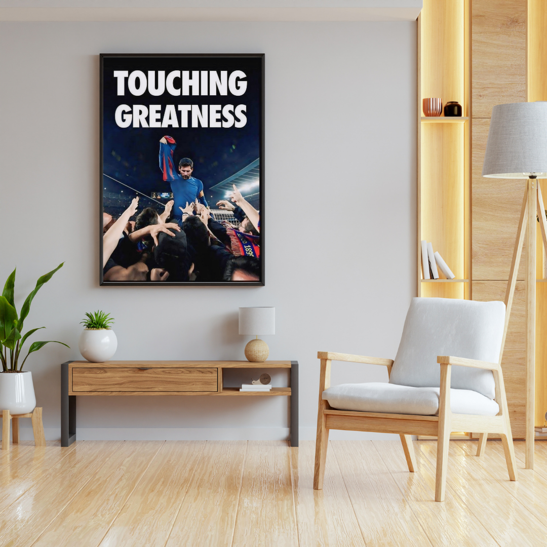 "Touching Greatness" – Lionel Messi Iconic Framed Poster